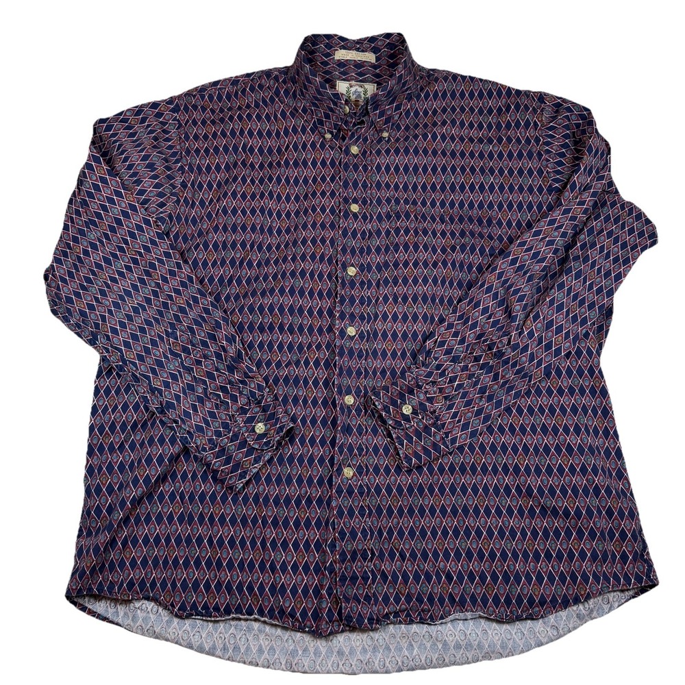 Vintage 90s Sears Roebuck‎ Geometric Diamond Print Shirt XL Single Needle Cotton